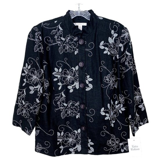 JM Collection Womens Linen Jacket 8 Petite NEW Black Floral Embroidered Shacket - Picture 1 of 15